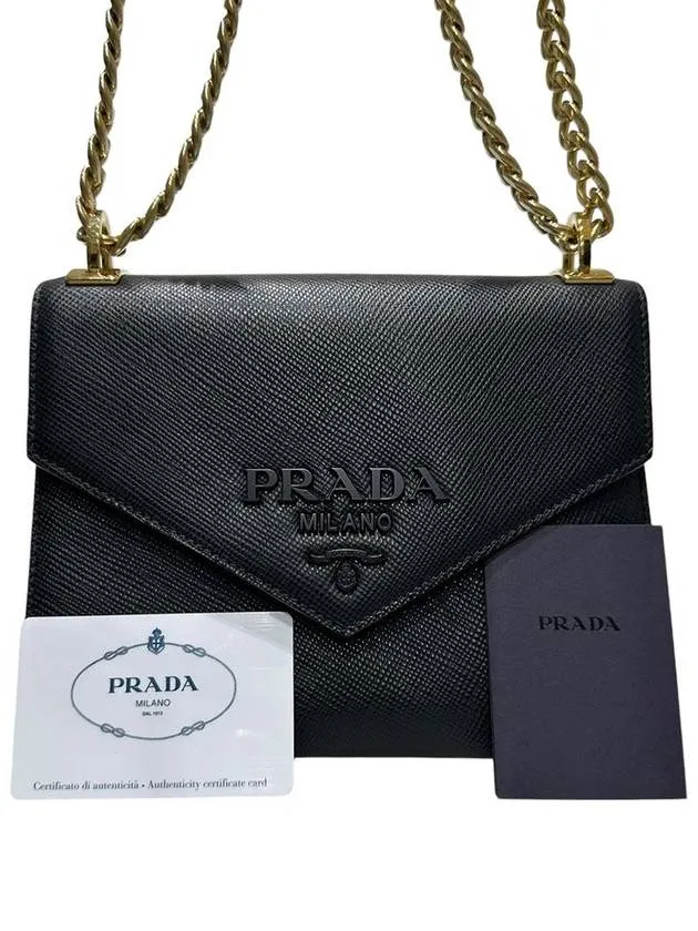 1BD127 Black Saffiano Monochrome Gold Chain Cross Bag