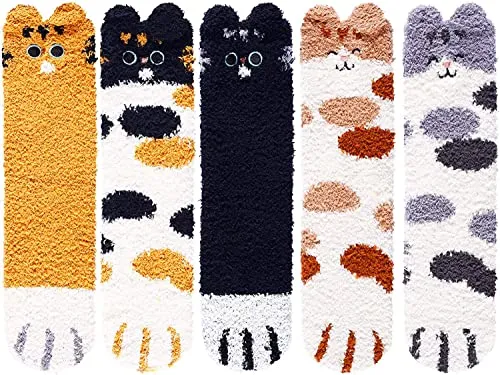 5 Pack Fuzzy Cat Paw Socks for Women Girls Gifts Cute Fun Cozy Fluffy Winter Warm Slipper Cat Socks