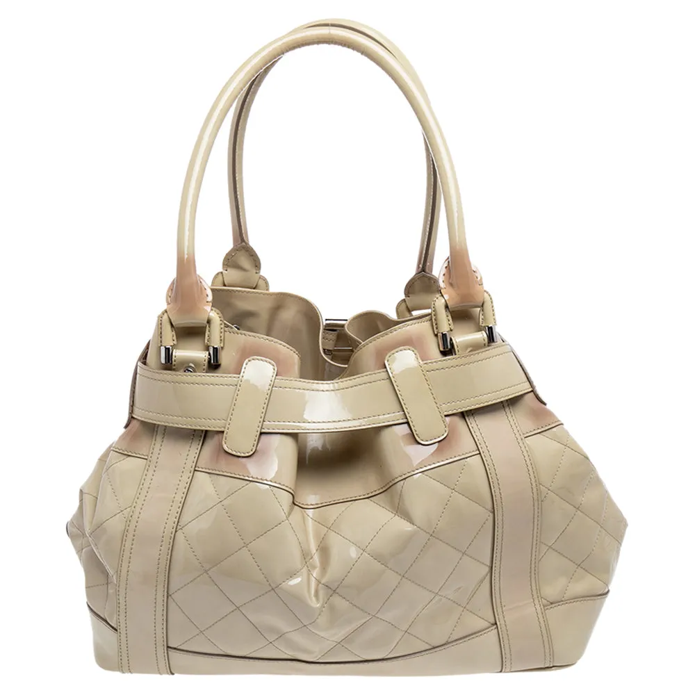 Burberry Cream Quilted Patent Leather Beaton Tote