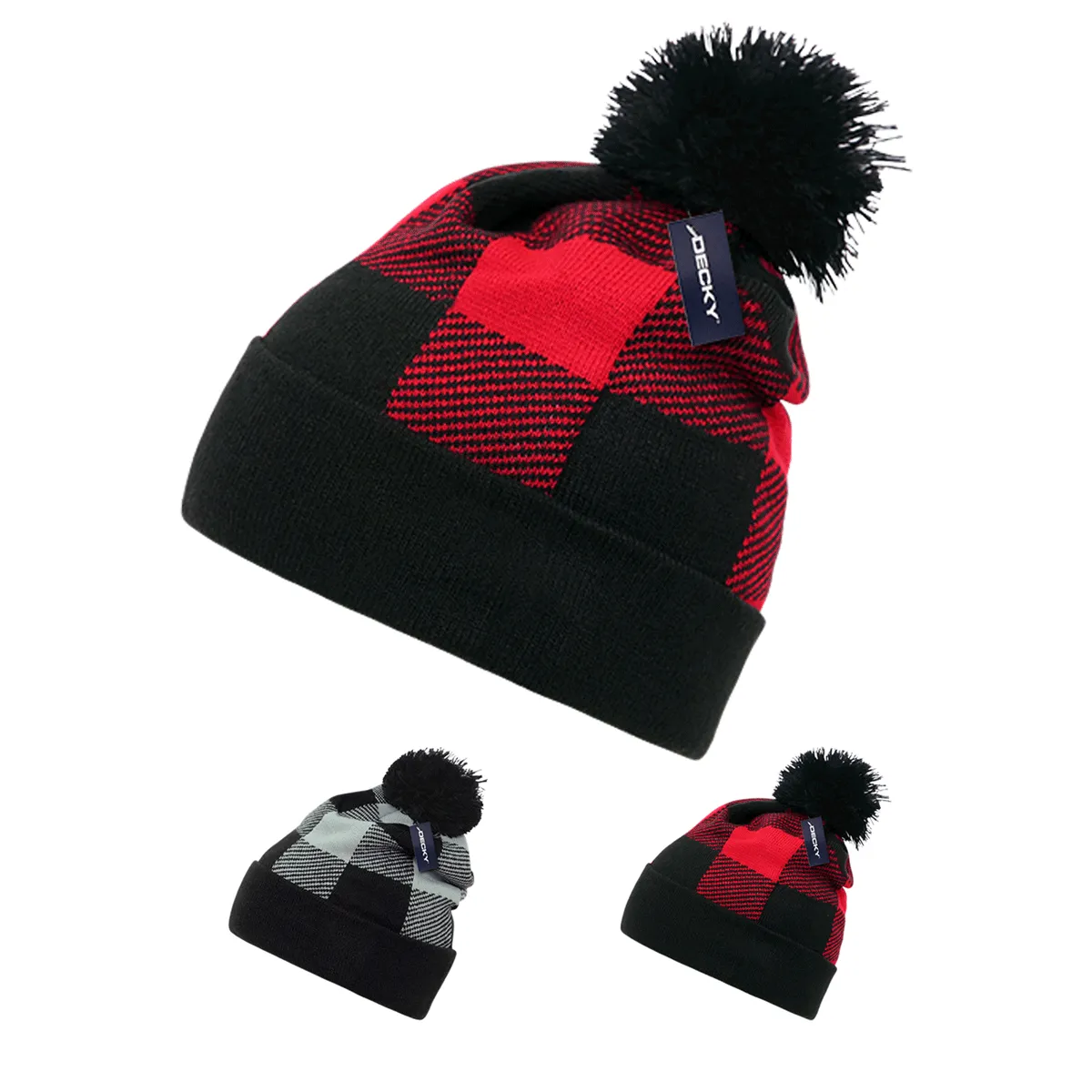 Decky 8028 Buffalo Plaid Pom Beanie, Knit Cap