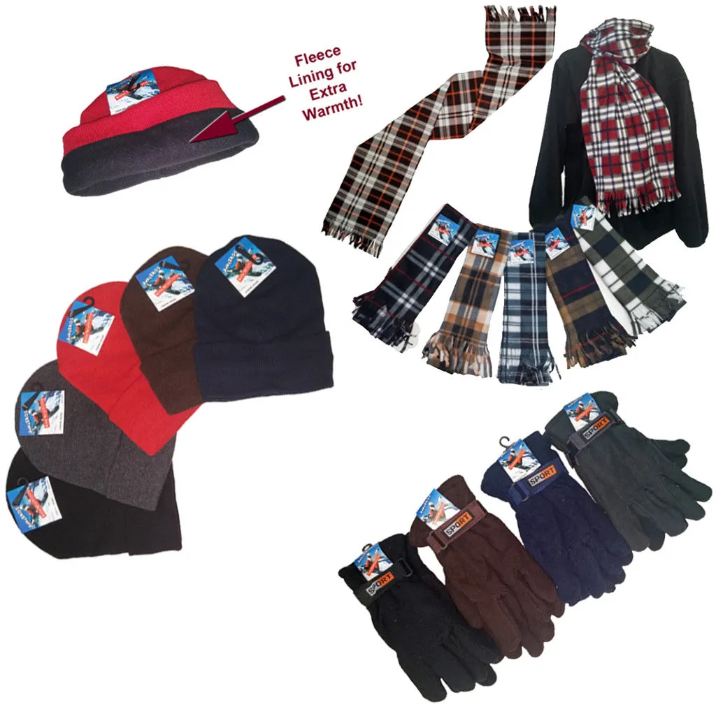 men's fleece lined winter knit hats, fleece lined gloves & plaid fleece scarves Case of 180