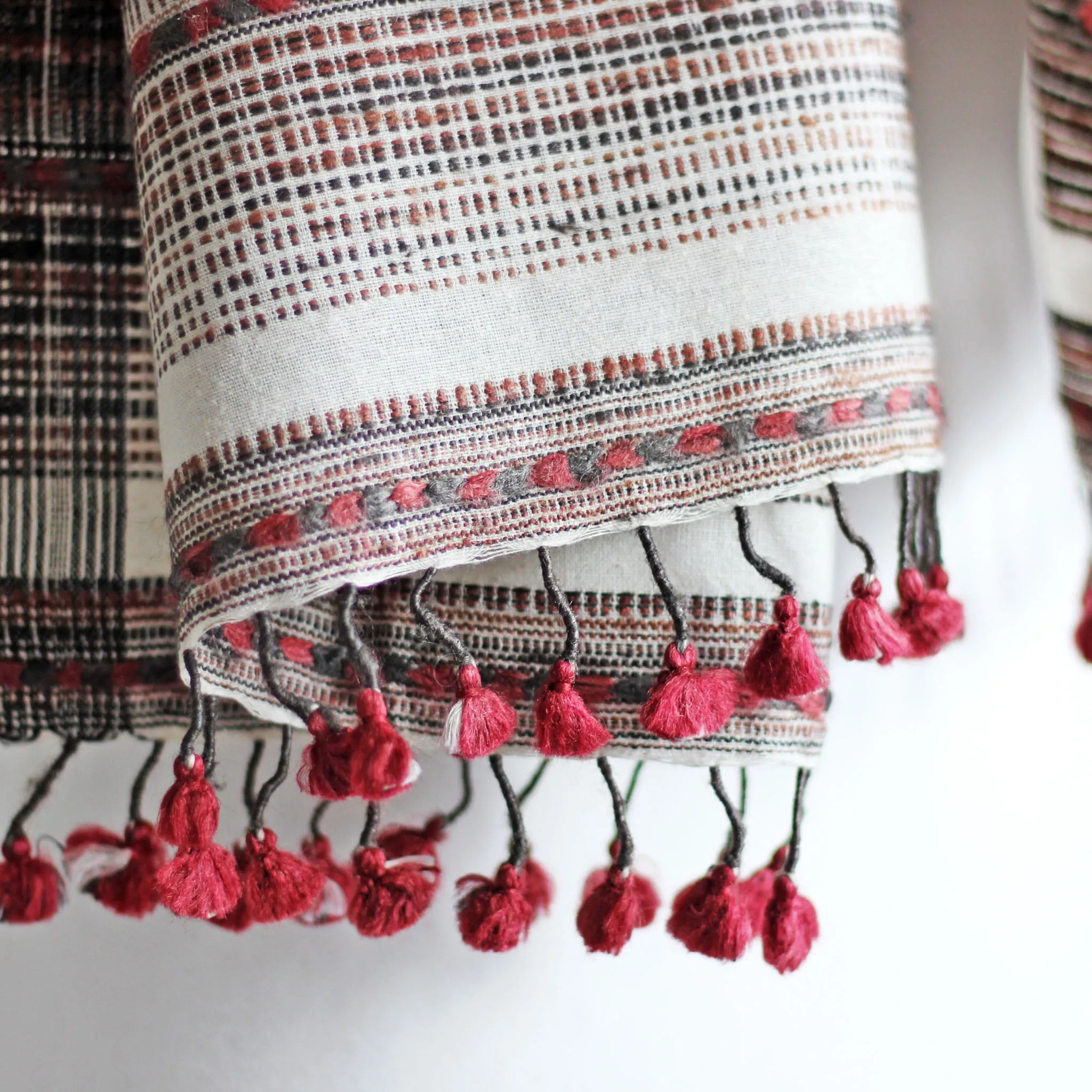 Naturally-Dyed Silk & Cotton Wrap with Tassels - Handwoven from Cotton, Eri Silk & Tussar Silk | White-Red Stole, 23x70"