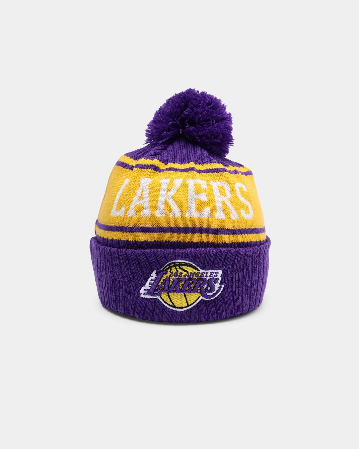 New Era Los Angeles Lakers Team Stripe Script Pom Beanie Team