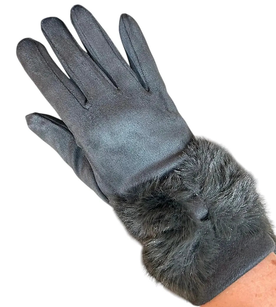 Plain Stretchy Faux Fur Bow Gloves (4 Colours)