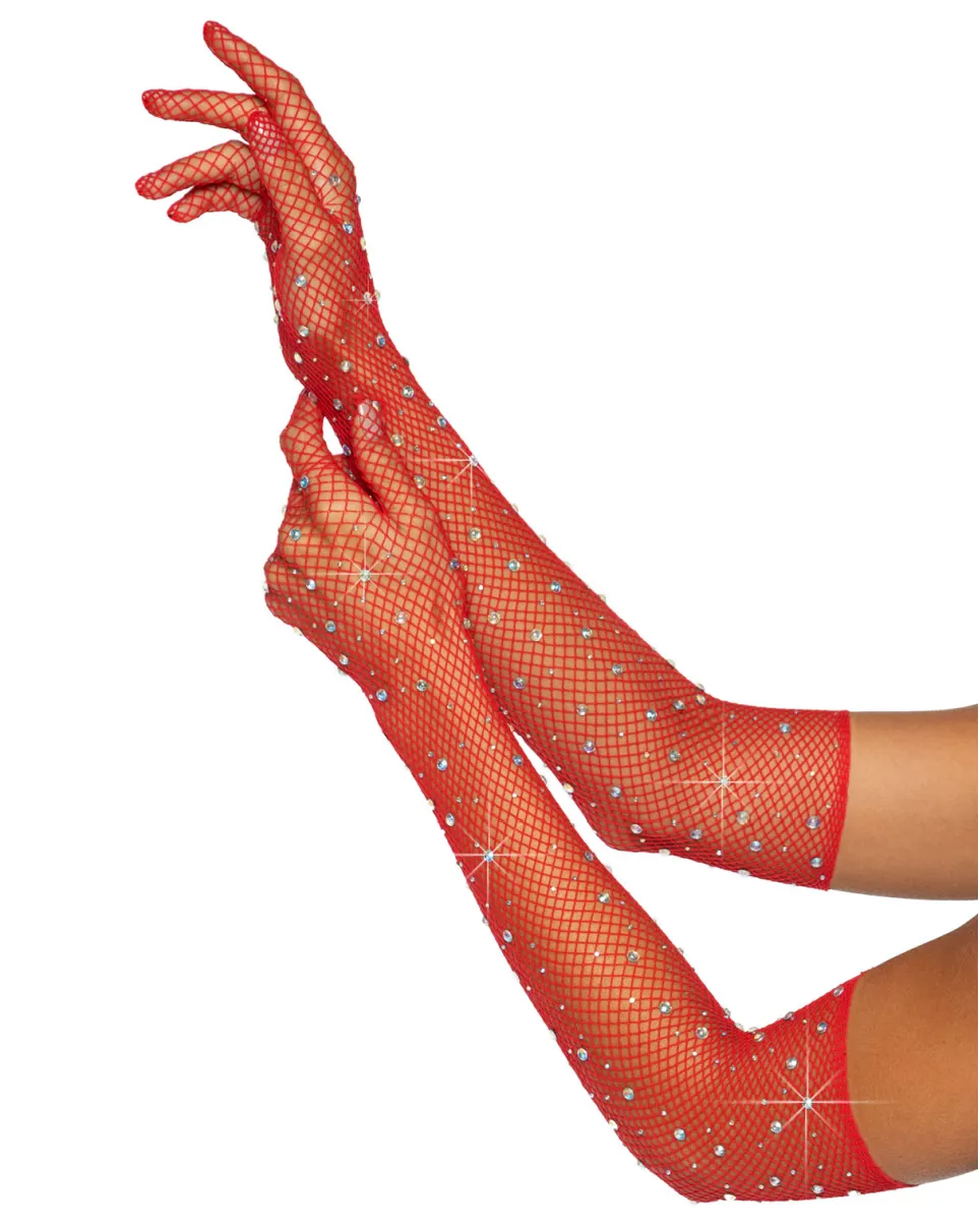 Red Rhinestone Fishnet Long Gloves