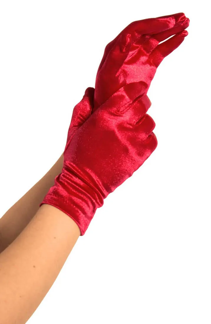 Red wrist length satin gloves