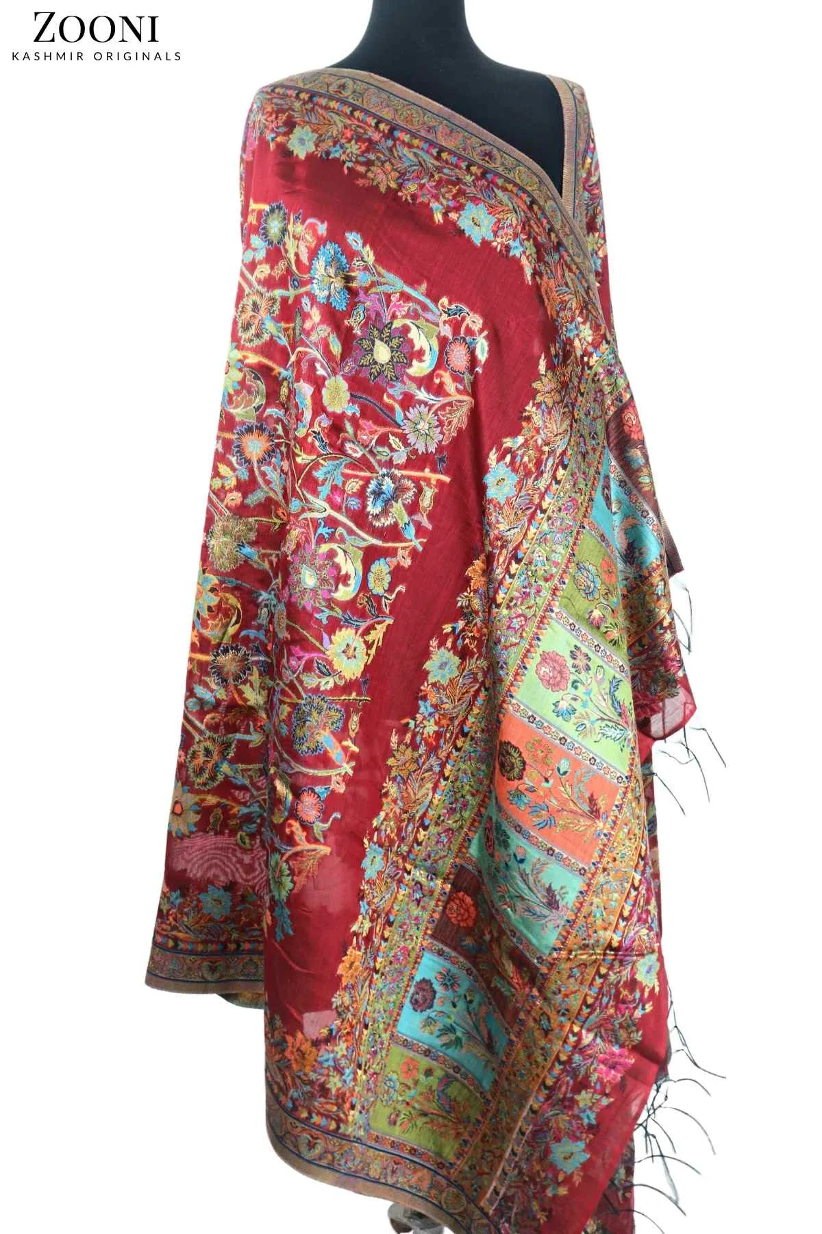 Superfine Kaani Jaamawar Silk Summer Shawl - Mexican Red