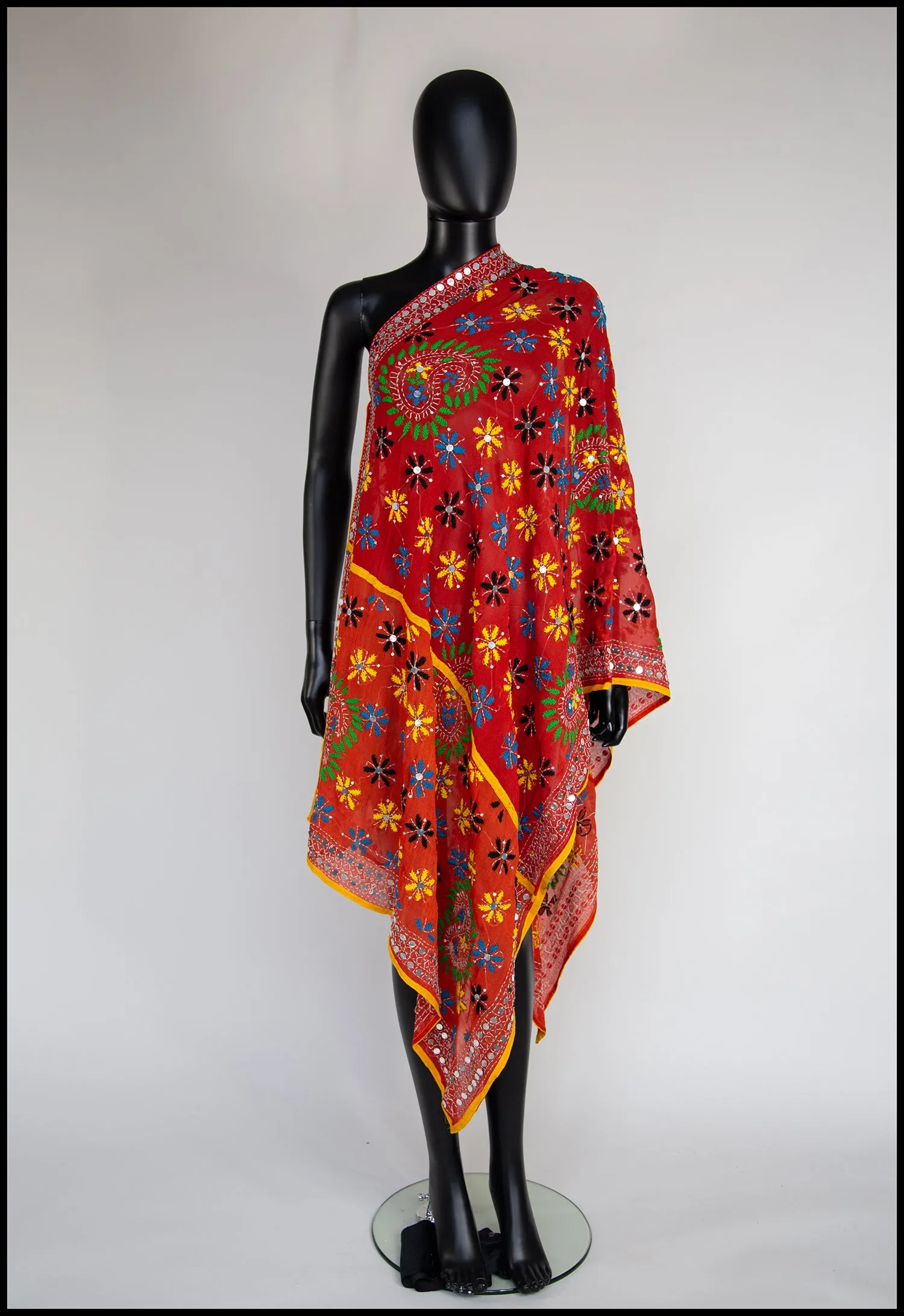 Vintage Orange Phulkari Embroidered Silk Wrap