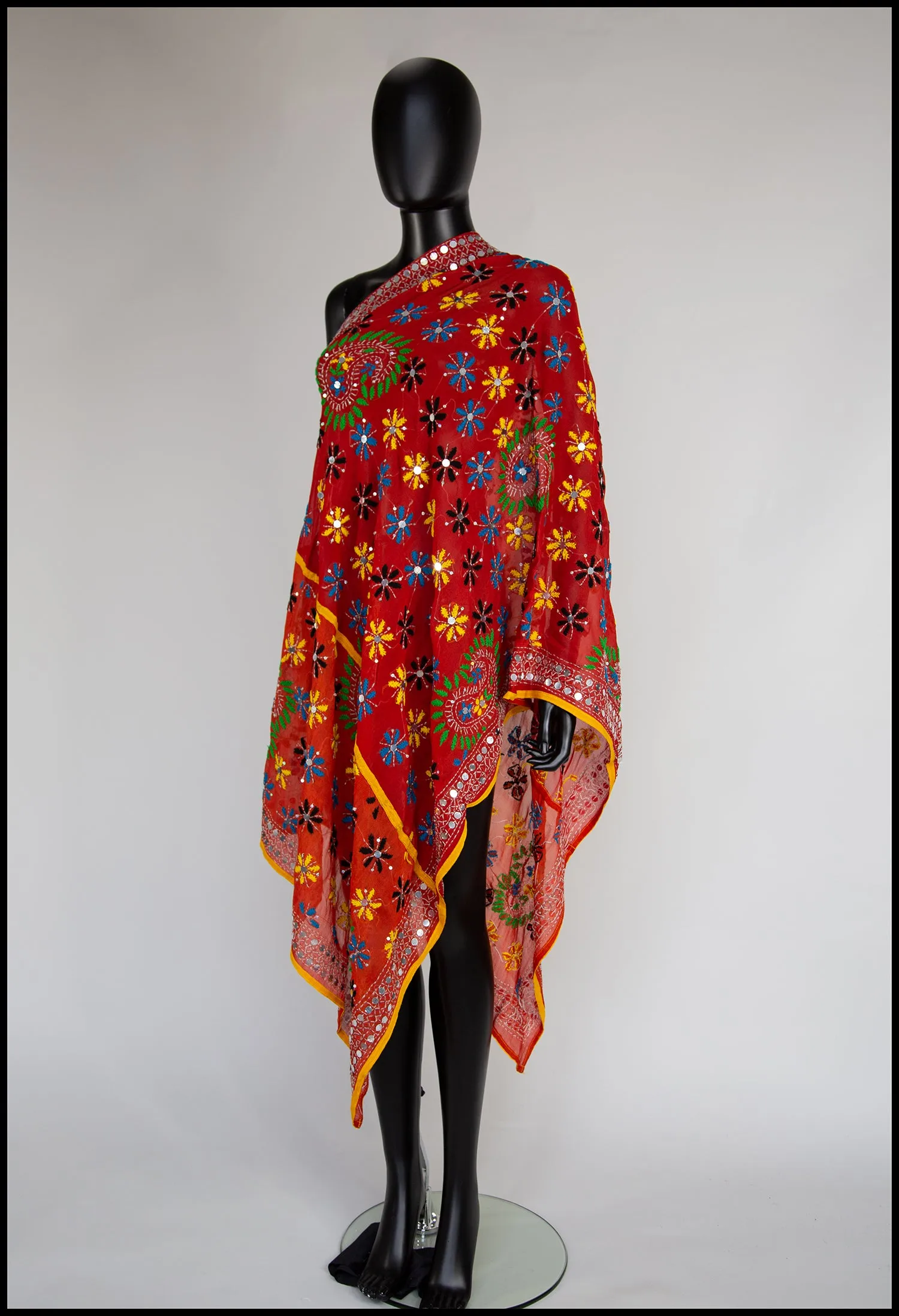 Vintage Orange Phulkari Embroidered Silk Wrap