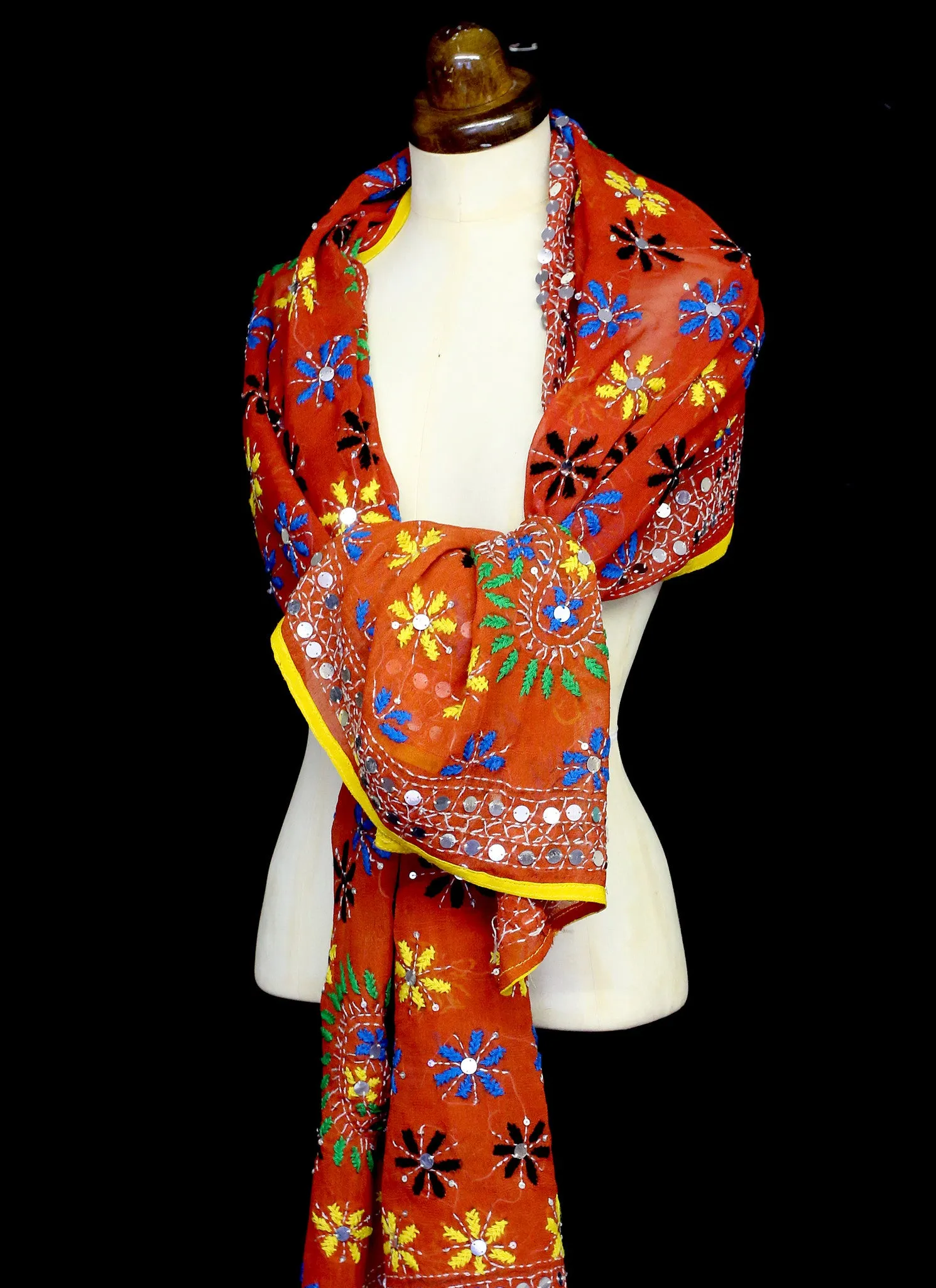 Vintage Orange Phulkari Embroidered Silk Wrap