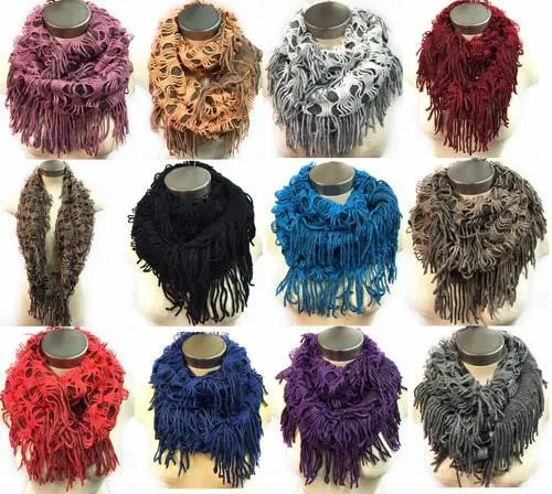 winter knit infinity circle scarves w/long fringes Case of 12